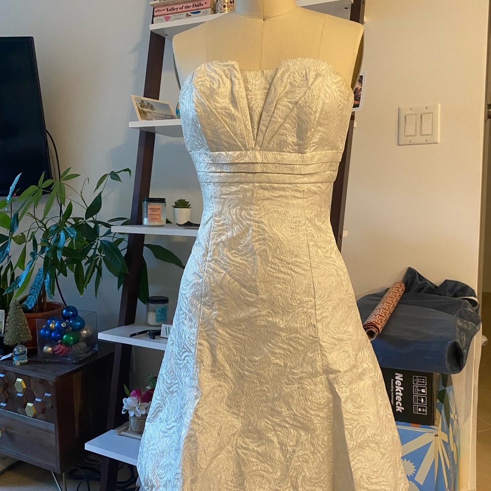 Jessica McClintock Frock Cocktail Dress Silver Strapless Sz 1 fits like 00